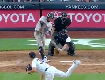 Yankees third string catcher KYLE HIGASHIOKA homers into the second deck in  left field